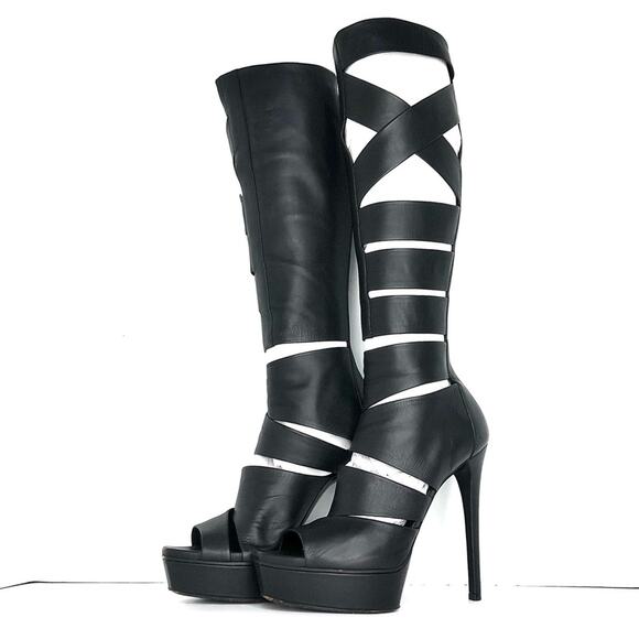Gucci Shoes - Gucci Helena Babylon Cutout Knee High Black Leather Platform Boots 37.5
